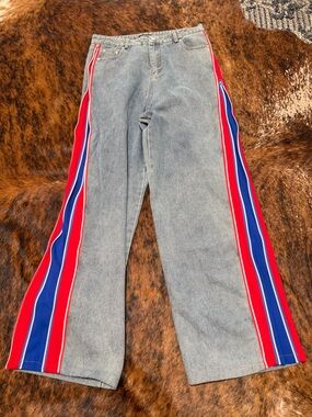 Womens Wide Leg Denim Pants Size L Blue & Red Side Stripe Zipper High Waist